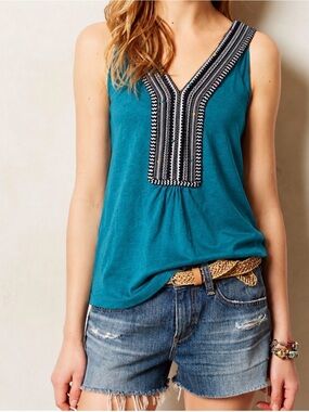 Anthro Akemi + Kin Teal V-Neck Embroidered Tank